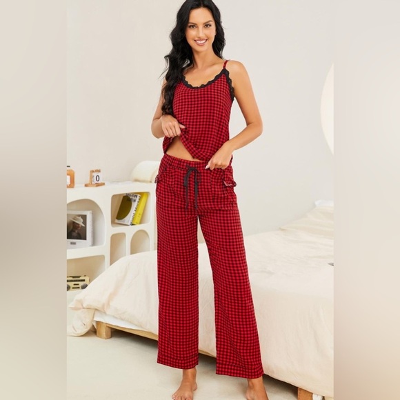 Plaid Lace Trim Cami and Drawstring Pants Pajama Set - Picture 1 of 3